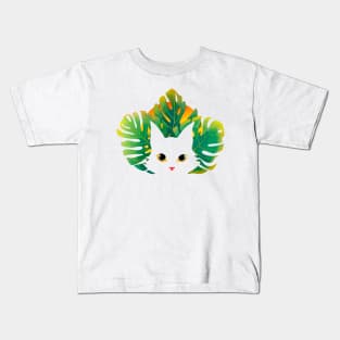 White Cat with Tropical Leaves in the Sunset Kids T-Shirt